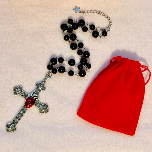 Heart Cross Pendant Necklace Goth Large Big Black Beaded Choker Adjustable New - Picture 3 of 14